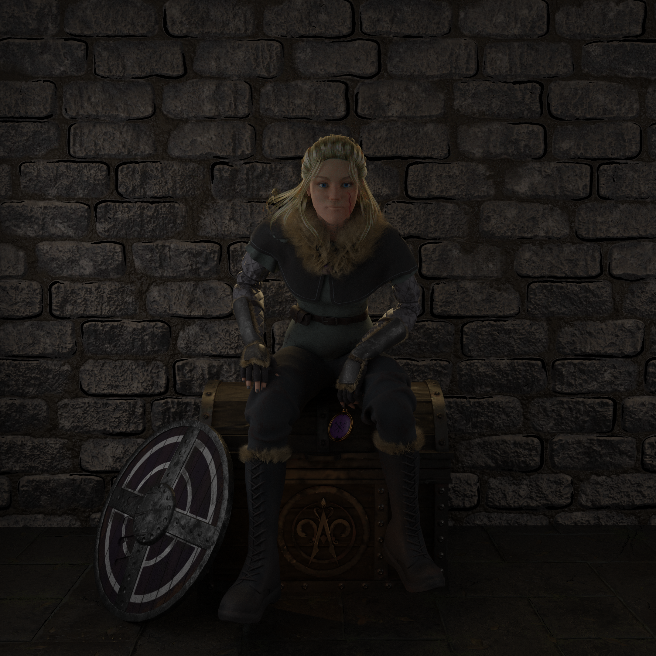 Rendu 3D du personnage principal, Lily, assise sur un coffre, un bouclier à ses pieds